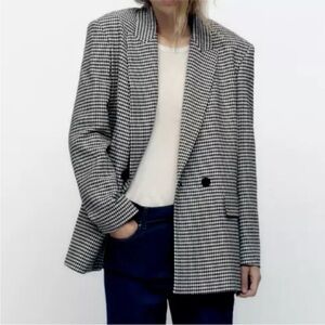Zara Black and White Houndstooth Blazer Double Breasted XS